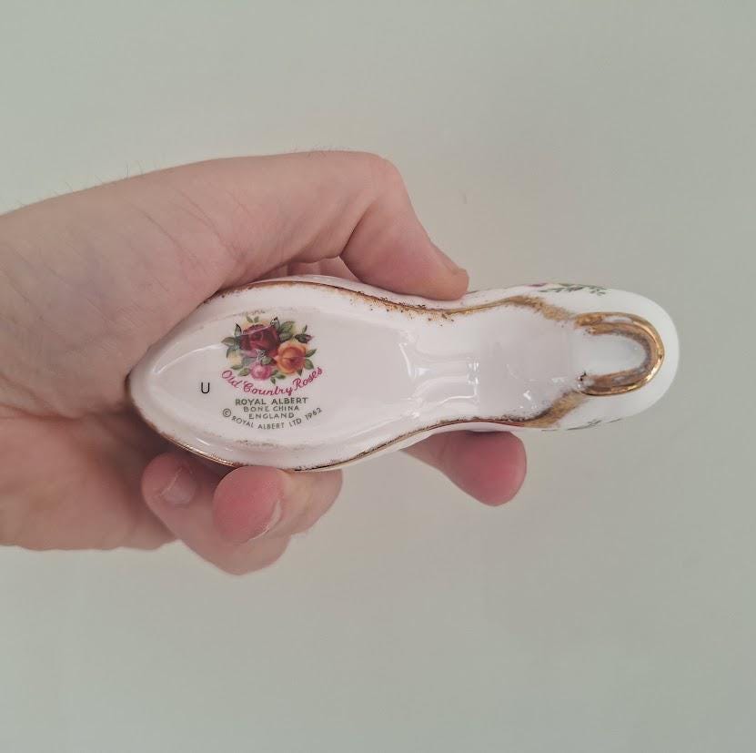 Vintage Royal Albert Old Country Roses 4.5in Bone China Shoe Ornament, Floral High Heel Slipper Figurine, Made in England