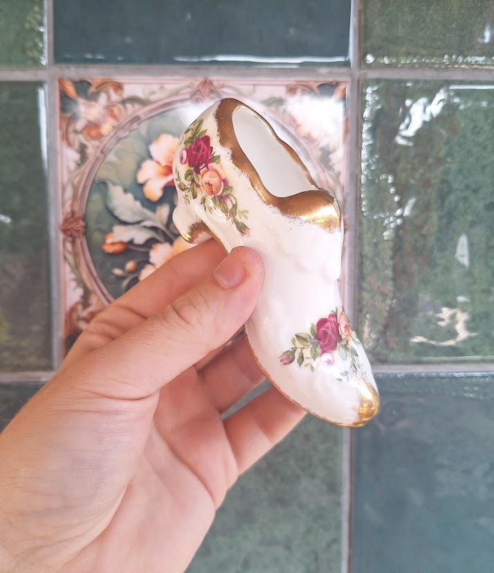 Vintage Royal Albert Old Country Roses 4.5in Bone China Shoe Ornament, Floral High Heel Slipper Figurine, Made in England