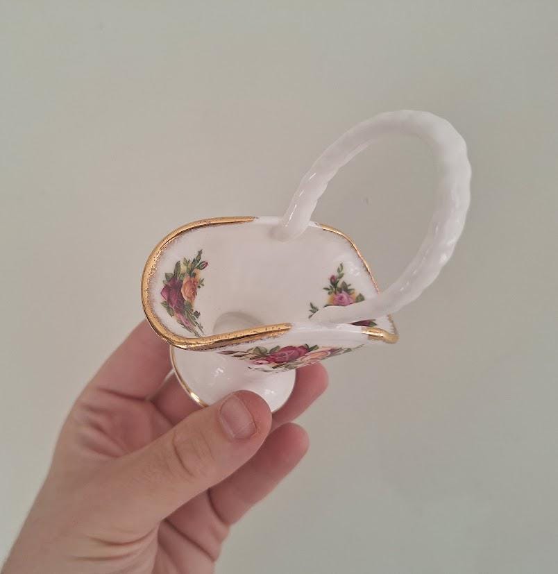 Vintage Royal Albert Old Country Roses Miniature Flower Basket, English Bone China Posy Ornament, Gold Trim, Made in England