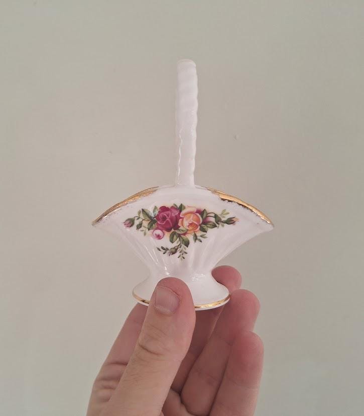 Vintage Royal Albert Old Country Roses Miniature Flower Basket, English Bone China Posy Ornament, Gold Trim, Made in England