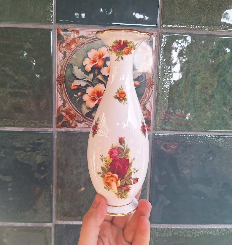 Vintage Royal Albert Old Country Roses Tall Curved Neck Bud Vase, English Bone China Gold Trim, Made in England, 1962 Backstamp