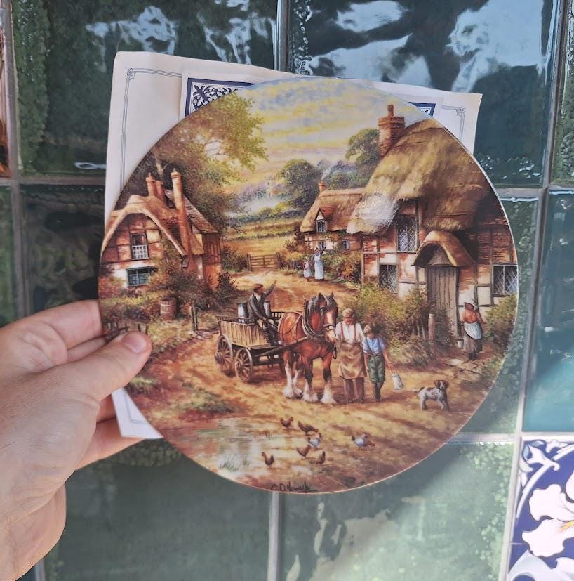 Wedgwood Early Morning Milk Collector Plate 1991, Chris Howells Country Days Bone China Rural Cottage Wall Plate with Original Paperwork