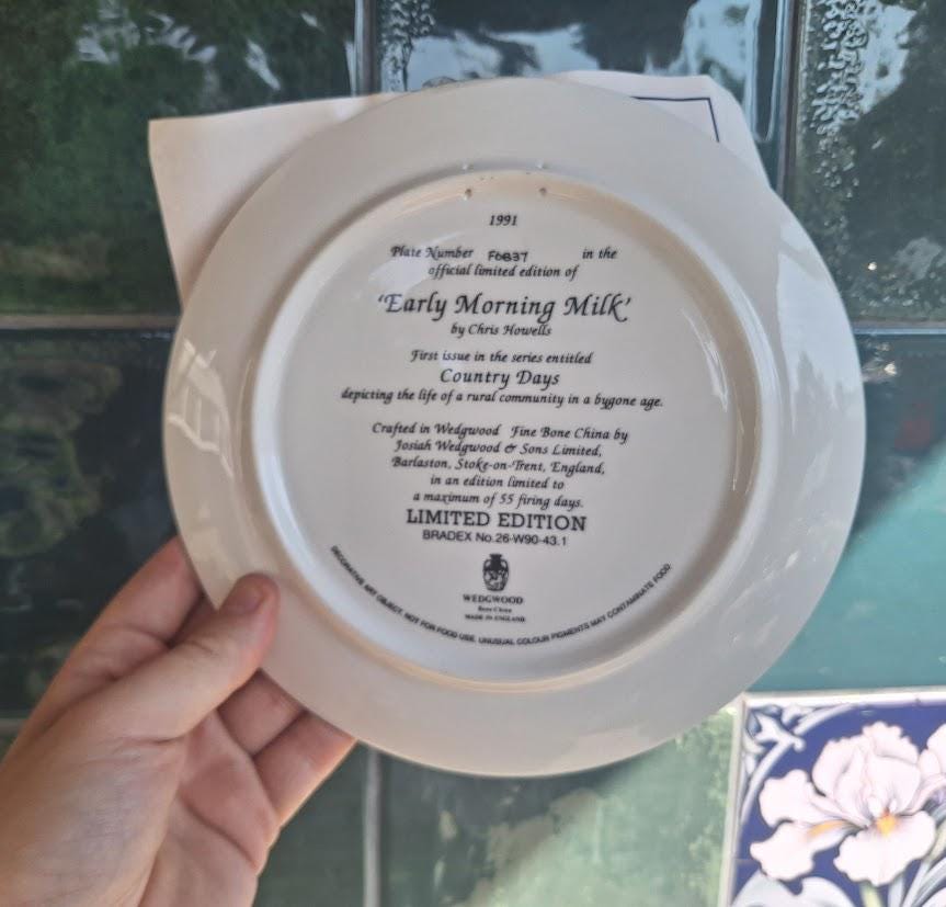 Wedgwood Early Morning Milk Collector Plate 1991, Chris Howells Country Days Bone China Rural Cottage Wall Plate with Original Paperwork