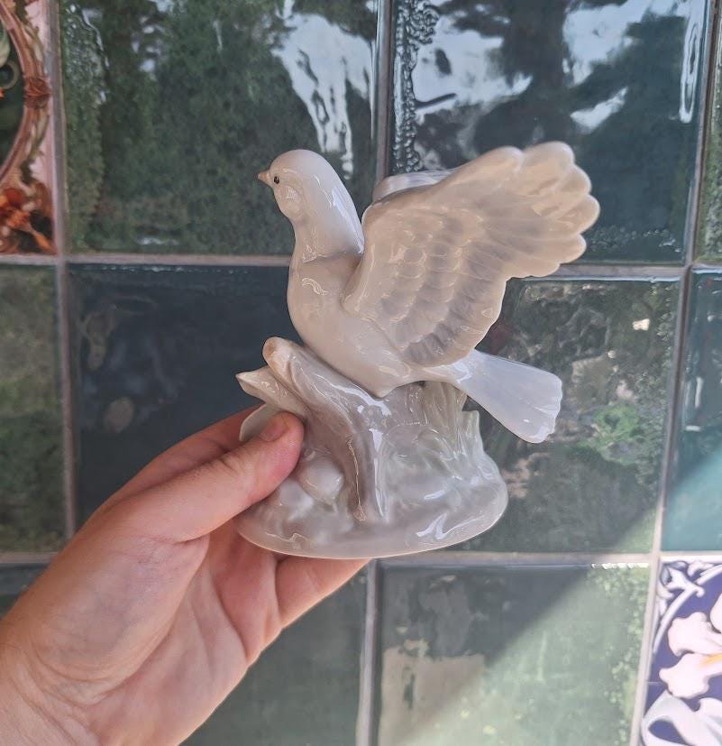 Vintage White Porcelain Dove Figurine with Pink Flower, Flying Bird Ornament, Peace Wedding Gift, Foreign Import Home Decor