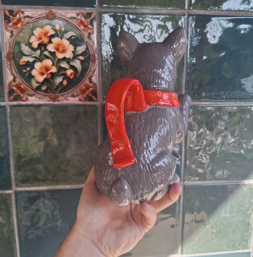 Vintage French Bulldog Teapot Grey Ceramic Dog with Red Scarf, Boston Terrier Novelty Teaware, Kitsch Kitchen Dog Lover Gift