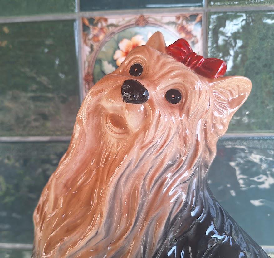 Vintage Leonardo Collection Yorkshire Terrier Figurine, Large Ceramic Yorkie Dog with Red Bow, Black and Tan Dog Lover Decor