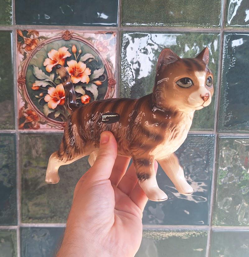 Vintage Coopercraft Brown Tabby Cat Figurine, 1970s Made in England Ceramic Walking Cat Ornament, Green Eyes, Cat Lover Gift