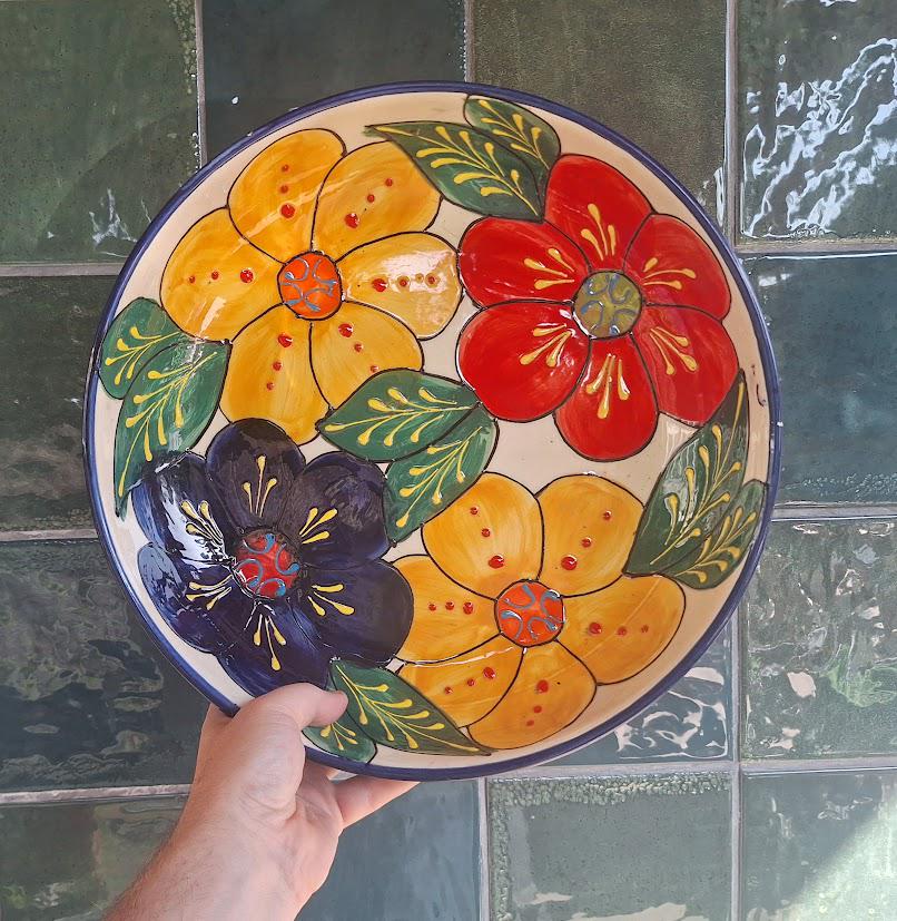 Vintage Del Rio Salado Flor Maya Large Floral Serving Bowl, Hand Painted Spanish Pottery Charger, Colourful Andalusian Wall Decor