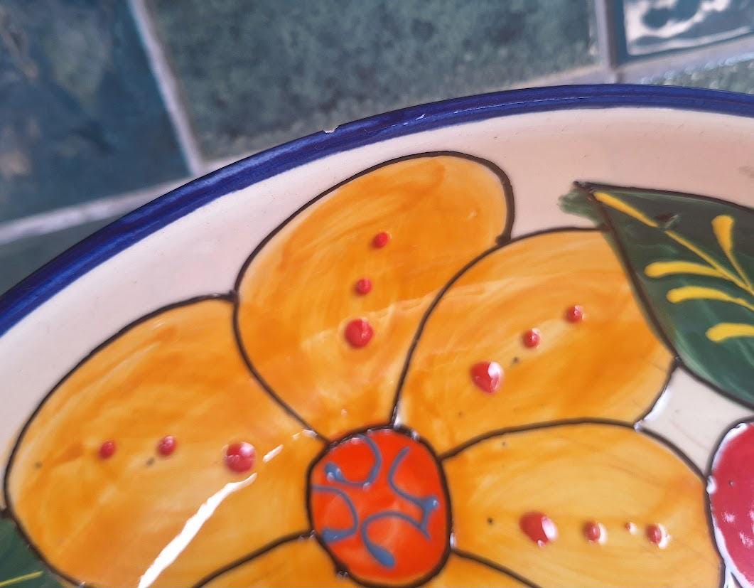 Vintage Del Rio Salado Flor Maya Large Floral Serving Bowl, Hand Painted Spanish Pottery Charger, Colourful Andalusian Wall Decor