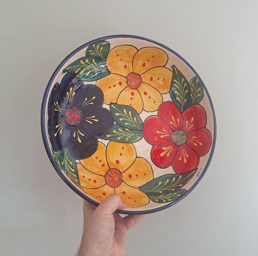Vintage Del Rio Salado Flor Maya Large Floral Serving Bowl, Hand Painted Spanish Pottery Charger, Colourful Andalusian Wall Decor