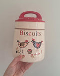 Retro Ceramic Biscuit Jar with Red Lid, Black & White Hen Chicken Kitchen Canister, Farmhouse Storage Pot with Handle