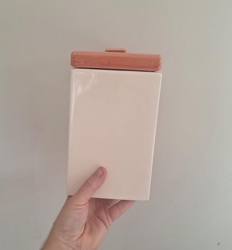 Pair of Cream Ceramic Kitchen Canisters with Terracotta Brown Lids, Square Storage Jars, Minimalist Retro Pantry Decor