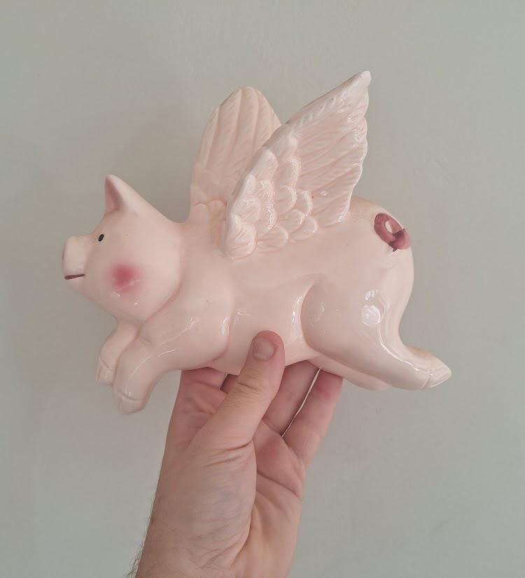 Vintage Pair Pink Ceramic Flying Pig Wall Plaques, Kitsch When Pigs Fly Decor, Winged Pig Retro Wall Art, Pig Lover Gift