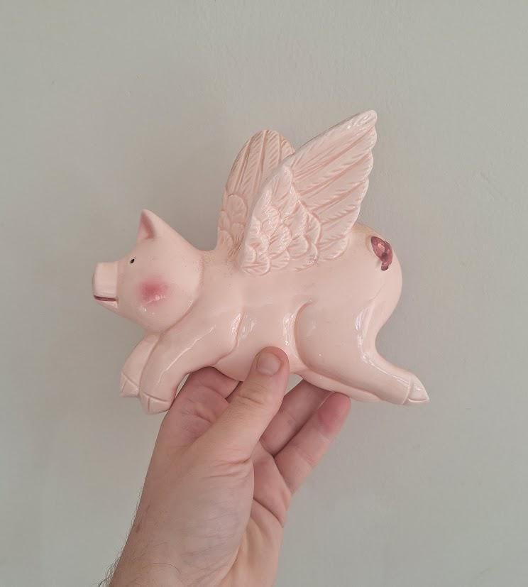 Vintage Pair Pink Ceramic Flying Pig Wall Plaques, Kitsch When Pigs Fly Decor, Winged Pig Retro Wall Art, Pig Lover Gift