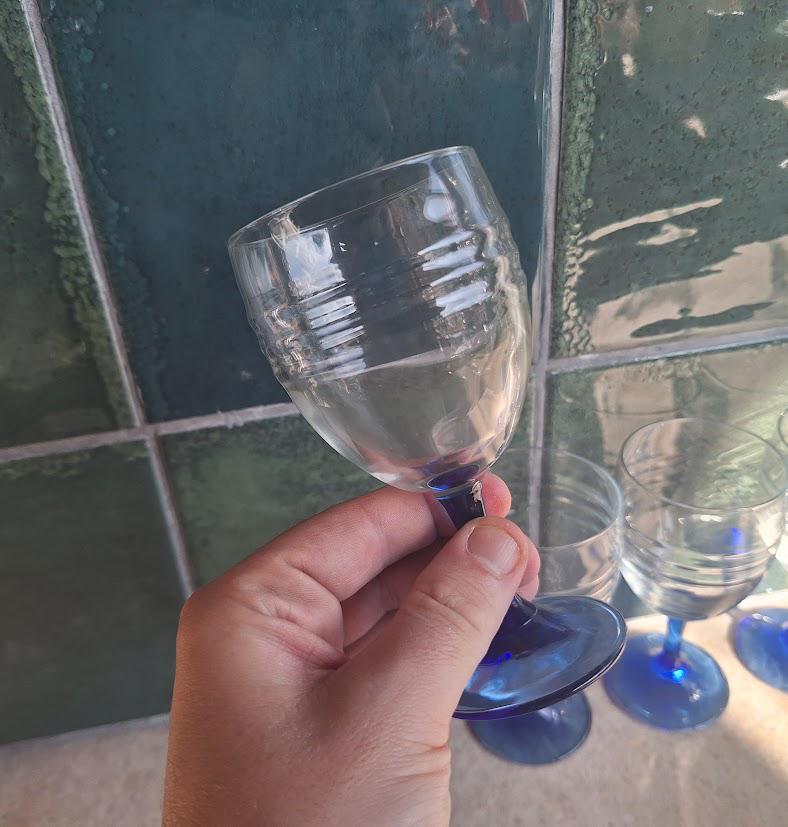 Set of 6 Vintage Cobalt Blue Stem Wine Glasses, Clear Ribbed Bowls, Small Retro Goblets, 1980s French Style Barware