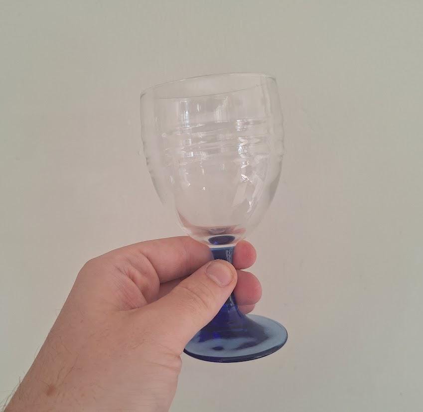 Set of 6 Vintage Cobalt Blue Stem Wine Glasses, Clear Ribbed Bowls, Small Retro Goblets, 1980s French Style Barware
