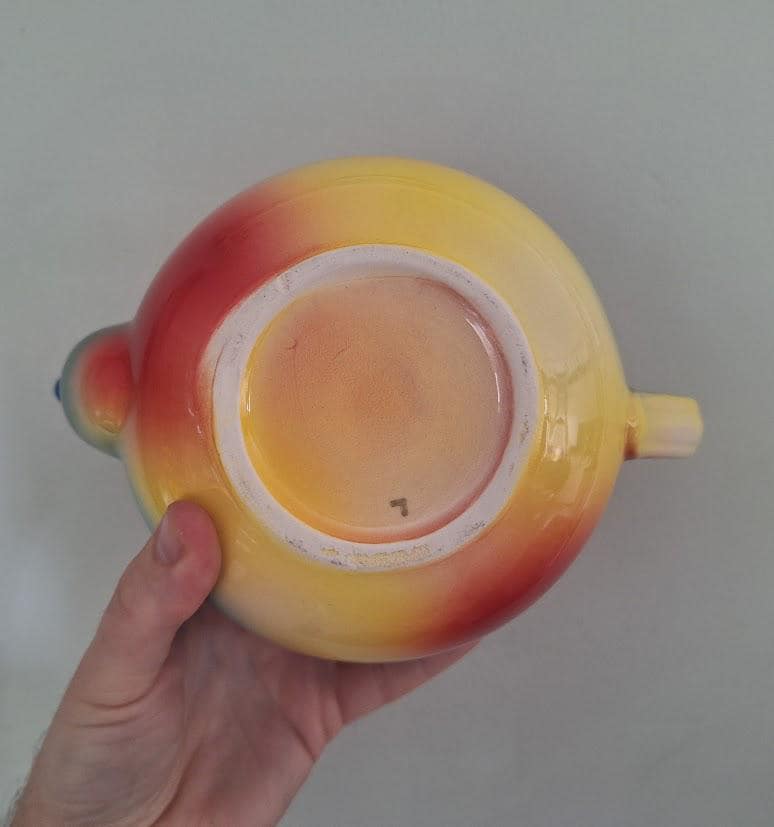 Vintage Rainbow Glaze Ceramic Teapot, Multicolour Red Yellow Blue Green Round Pottery Tea Pot, Retro Colourful Kitchen Display