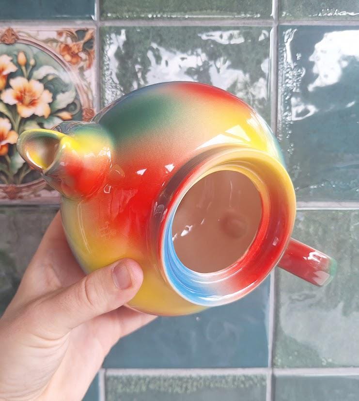 Vintage Rainbow Glaze Ceramic Teapot, Multicolour Red Yellow Blue Green Round Pottery Tea Pot, Retro Colourful Kitchen Display