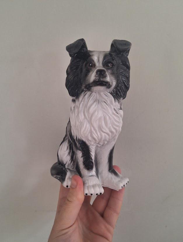 Vintage Black and White Border Collie Figurine, Large Ceramic Sheepdog Ornament, Sitting Farm Dog Statue, Dog Lover Gift