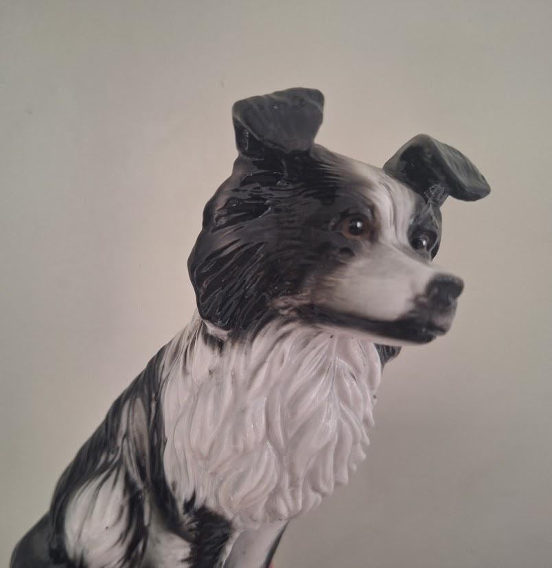 Vintage Black and White Border Collie Figurine, Large Ceramic Sheepdog Ornament, Sitting Farm Dog Statue, Dog Lover Gift