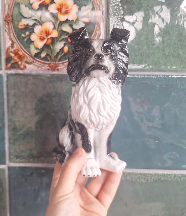 Vintage Black and White Border Collie Figurine, Large Ceramic Sheepdog Ornament, Sitting Farm Dog Statue, Dog Lover Gift