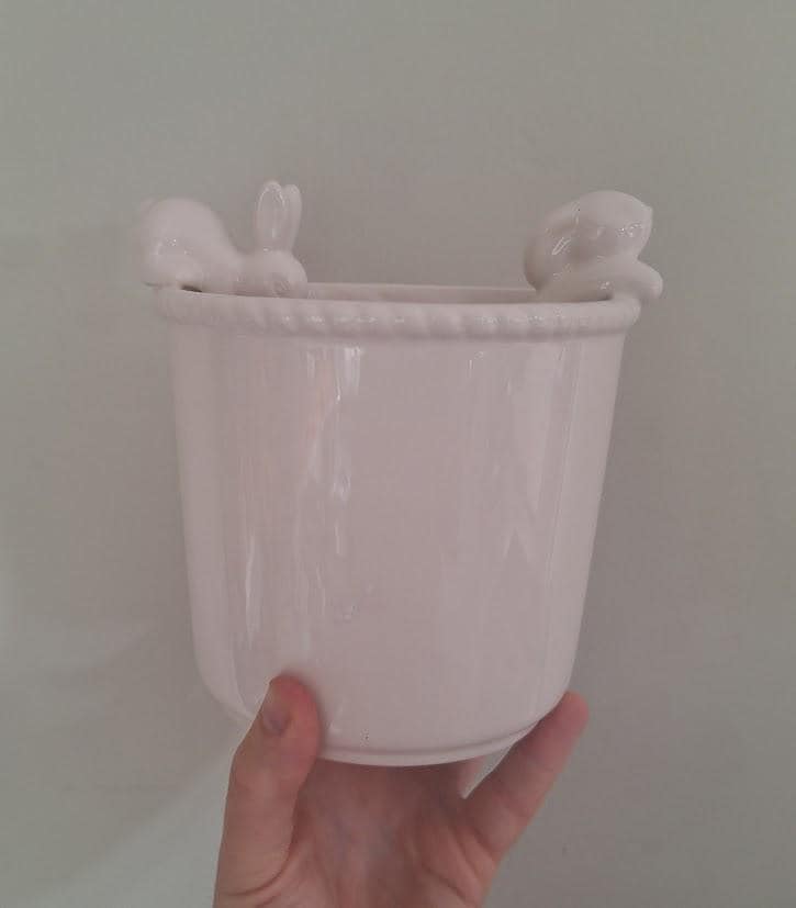 White Ceramic Bunny Planter Pot, Rabbit Plant Pot with 3D Rabbits, Easter Planter, Indoor Herb Pot, Cottage Garden Decor
