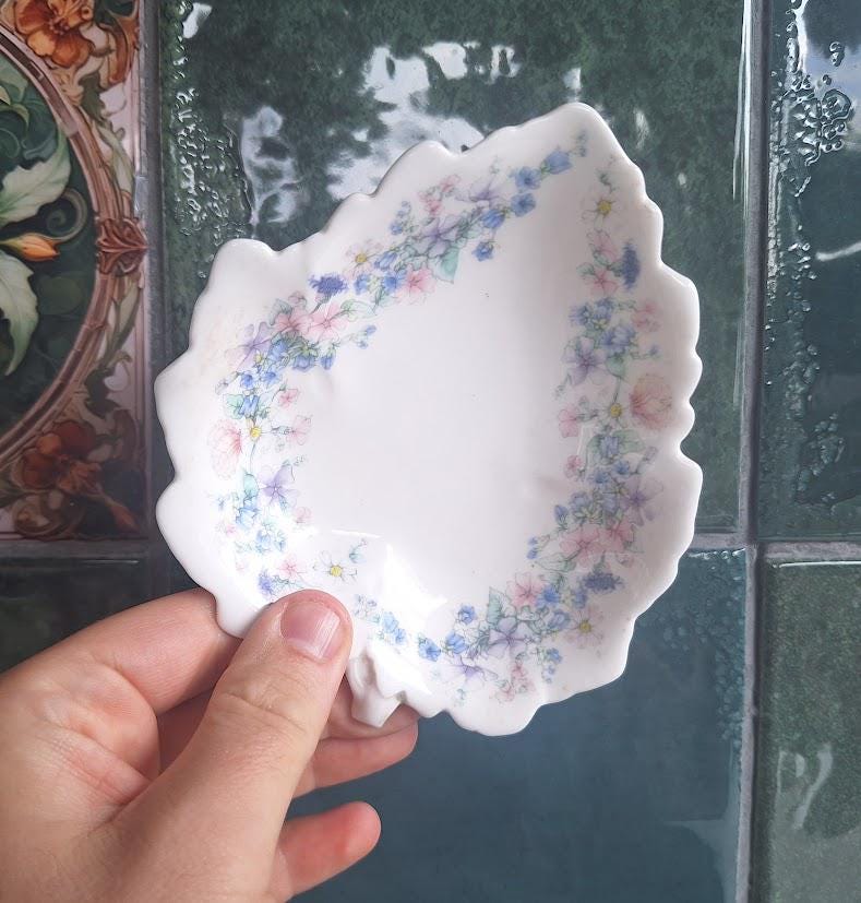 Vintage Wedgwood Angela Leaf Shaped Trinket Dish, 1980s English Bone China Floral Pin Tray, Pastel Cottagecore Jewellery Dish