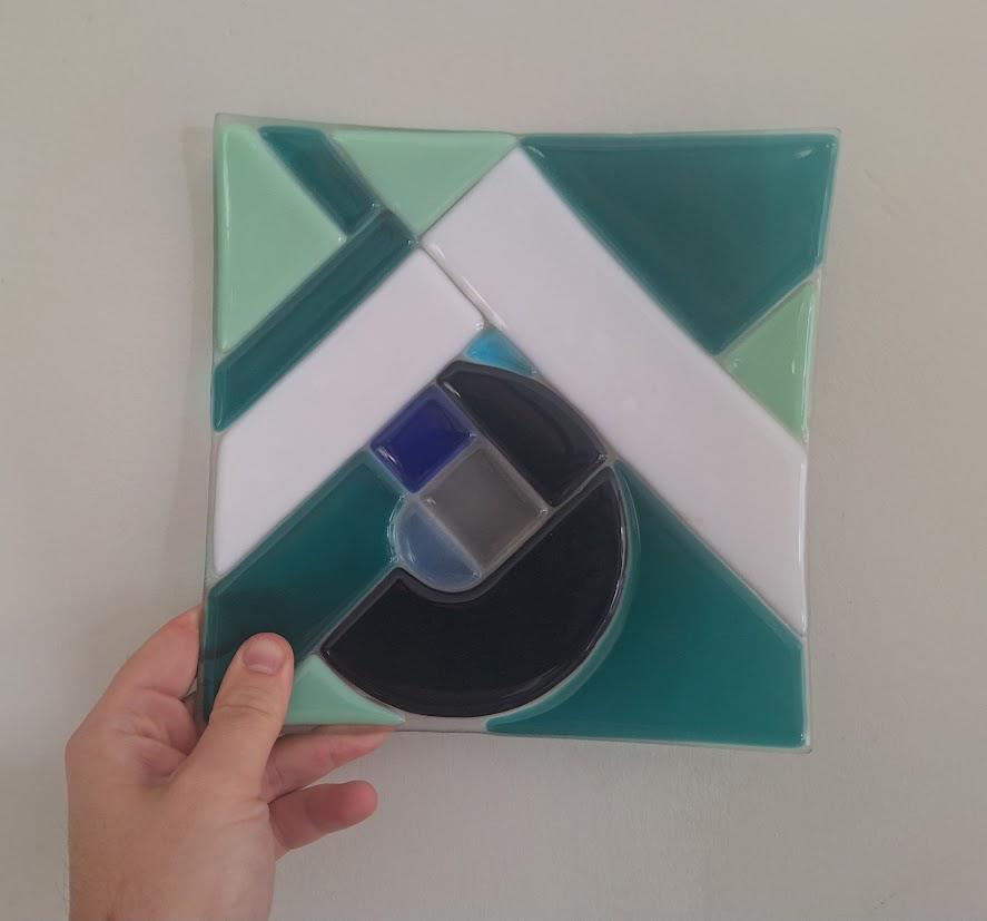 Vintage Abstract Fused Glass Dish, Handmade Geometric Glass Platter, Modernist Art Glass Tray, Teal Green Decorative Centrepiece