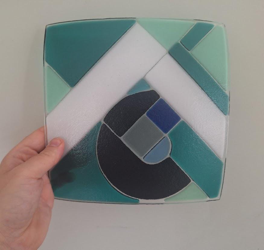 Vintage Abstract Fused Glass Dish, Handmade Geometric Glass Platter, Modernist Art Glass Tray, Teal Green Decorative Centrepiece