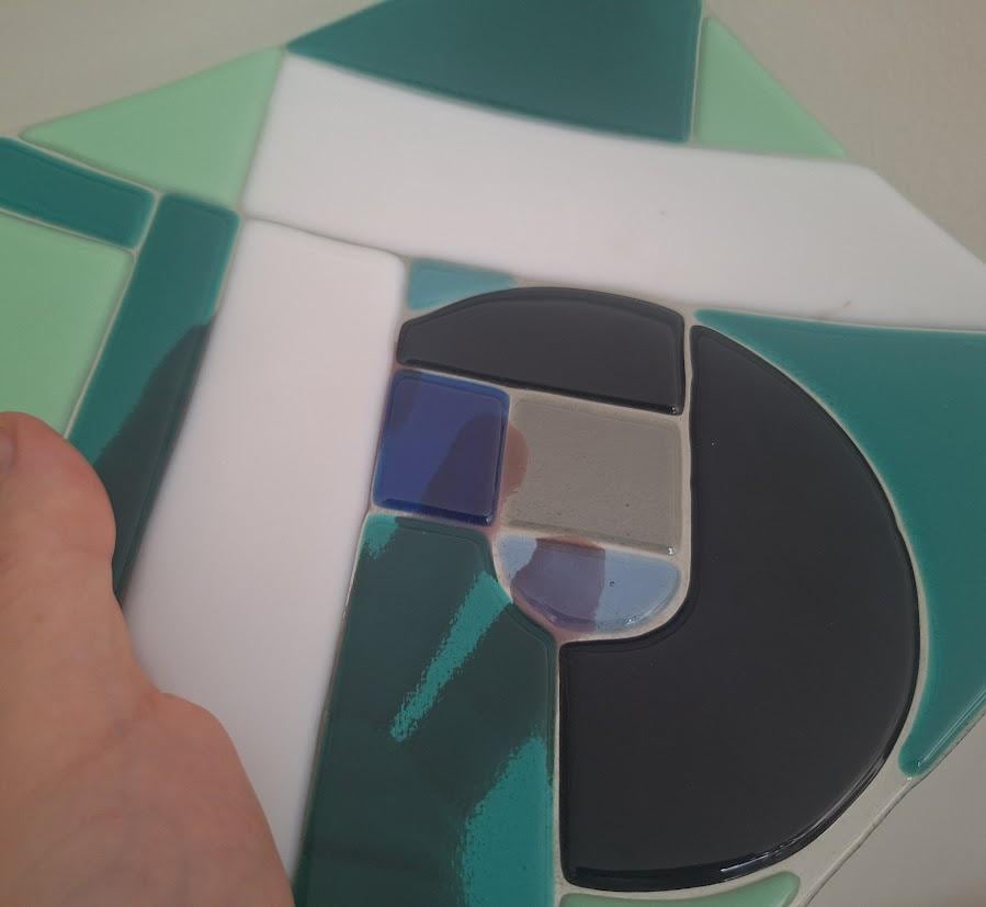 Vintage Abstract Fused Glass Dish, Handmade Geometric Glass Platter, Modernist Art Glass Tray, Teal Green Decorative Centrepiece