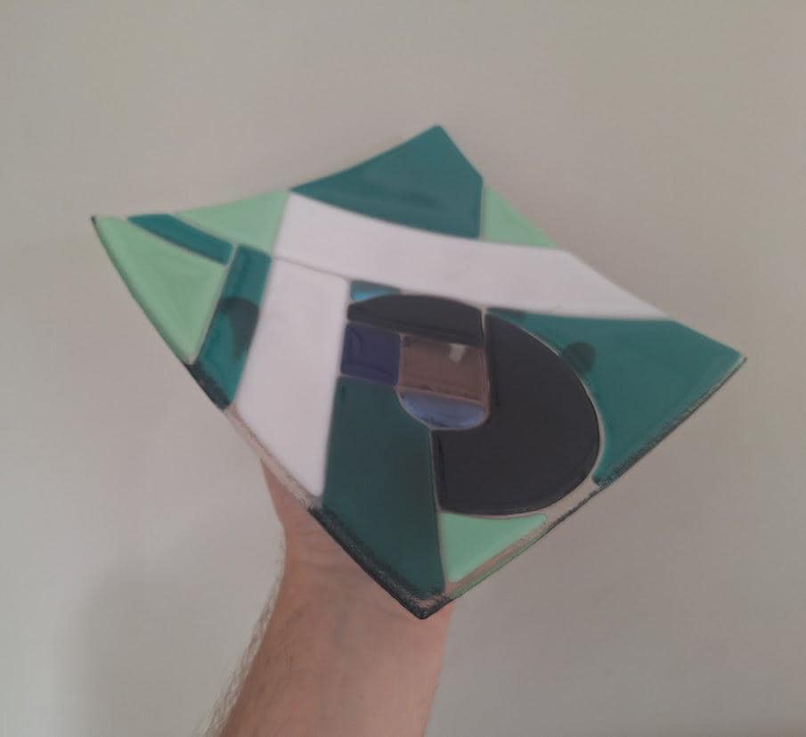 Vintage Abstract Fused Glass Dish, Handmade Geometric Glass Platter, Modernist Art Glass Tray, Teal Green Decorative Centrepiece