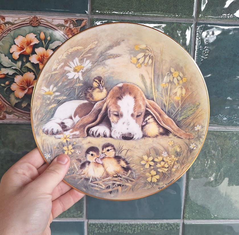 Royal Worcester Forty Winks RSPCA Collector Plate 1990, Pam Cooper Basset Hound Puppy and Ducklings Fine Bone China