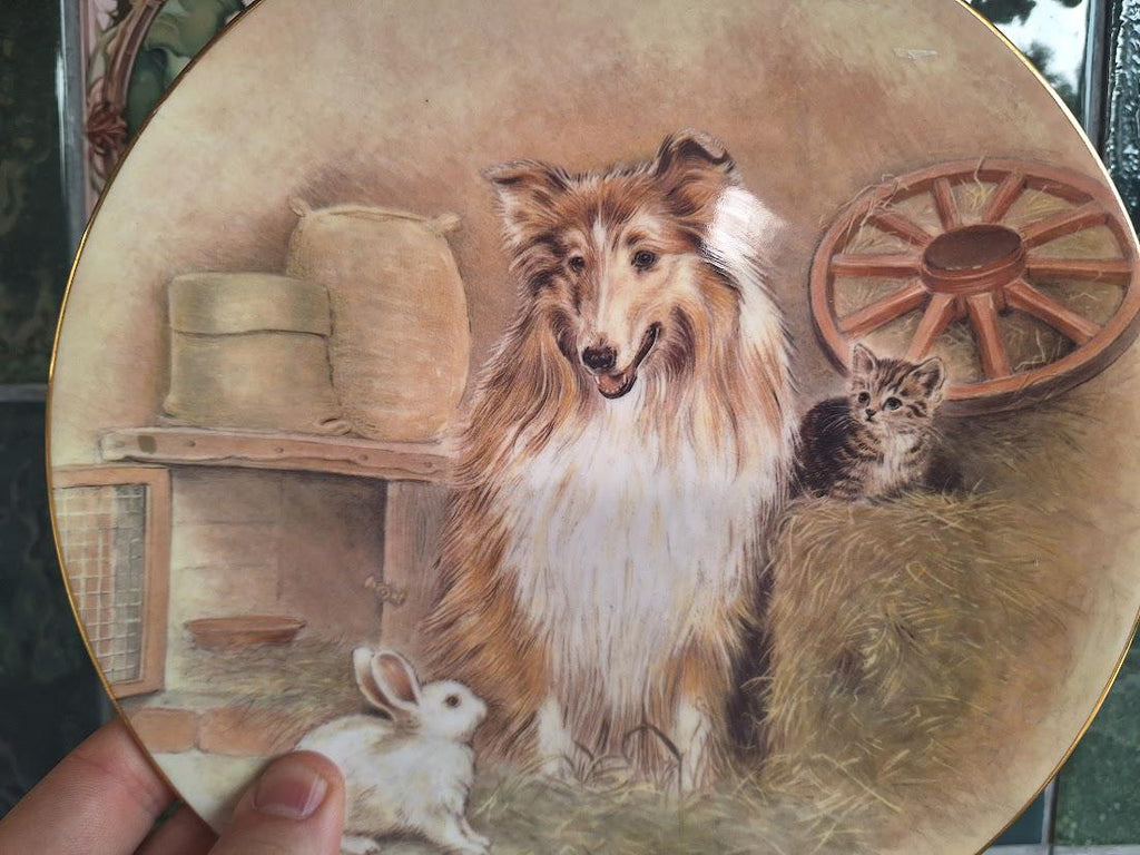 Royal Worcester Threes Company RSPCA Collector Plate 1990, Pam Cooper Collie Dog Kitten Rabbit Fine Bone China Animal Plate