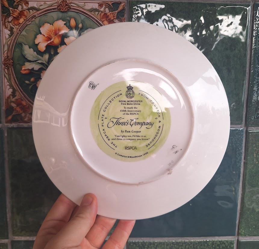 Royal Worcester Threes Company RSPCA Collector Plate 1990, Pam Cooper Collie Dog Kitten Rabbit Fine Bone China Animal Plate