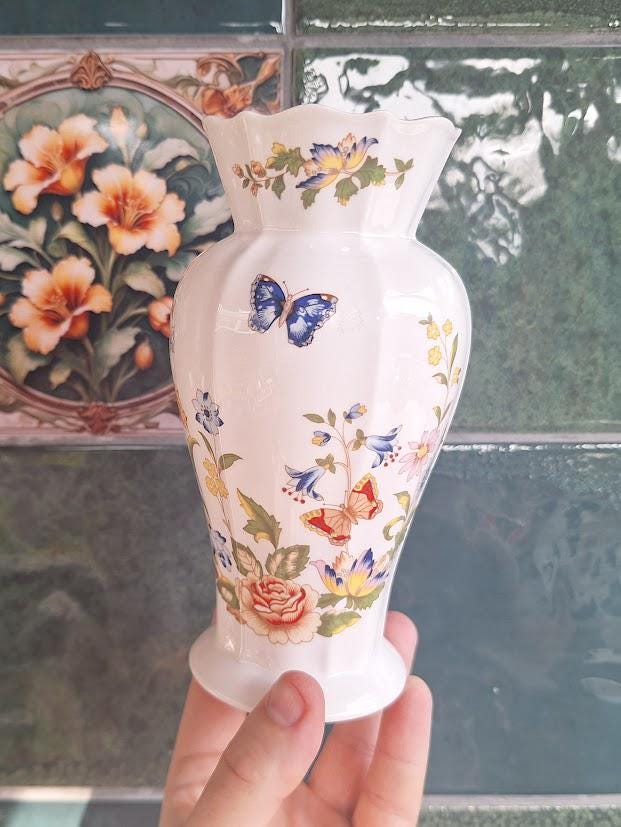 Vintage Aynsley Cottage Garden Large Vase Fine Bone China Made in England Floral Butterfly Vase English Collectable Gift