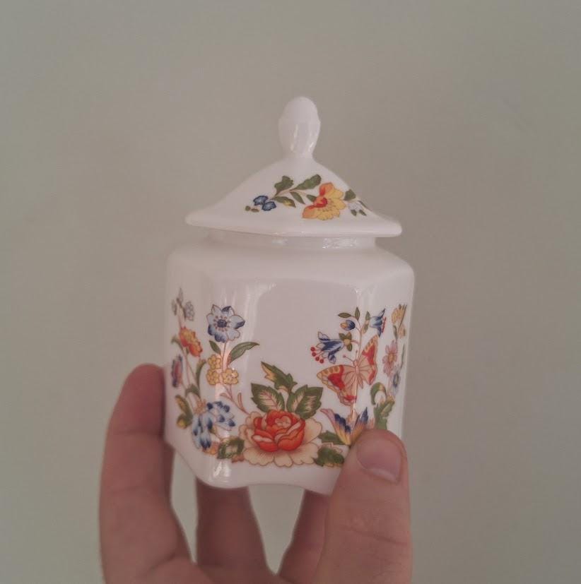 Vintage Aynsley Cottage Garden Pagoda Box Fine Bone China Lidded Trinket Pot Butterfly Floral England
