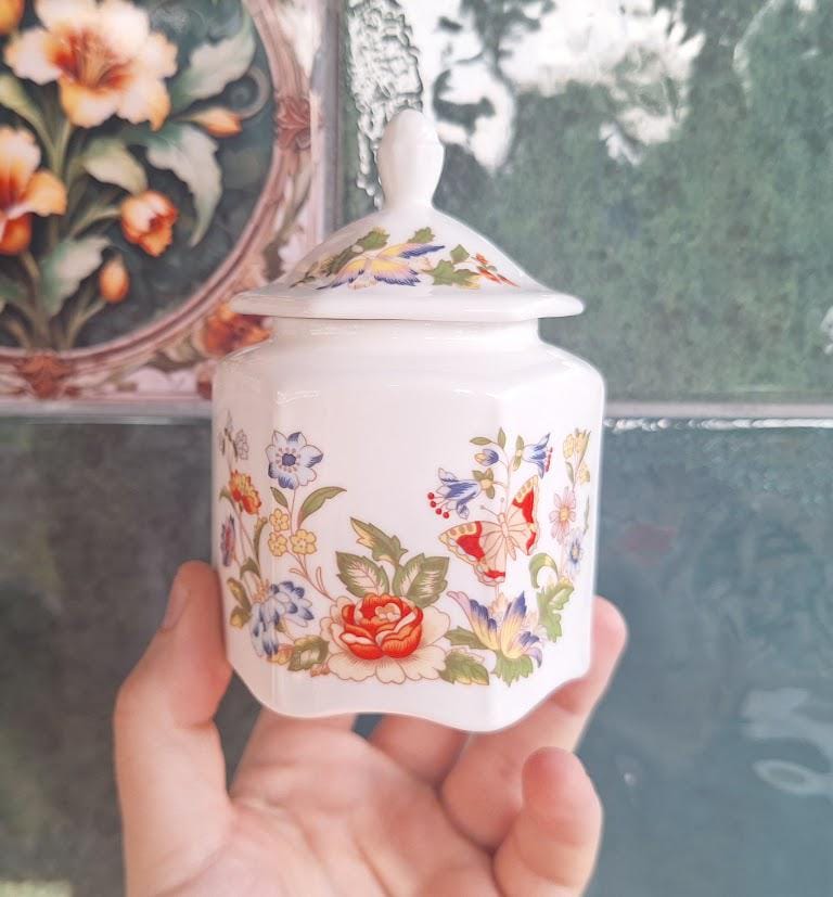 Vintage Aynsley Cottage Garden Pagoda Box Fine Bone China Lidded Trinket Pot Butterfly Floral England