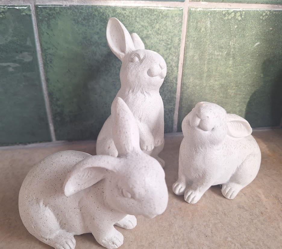 Set of 3 White Rabbit Ornaments Stone Effect Bunny Figurines Rustic Easter Spring Garden Cottage Decor