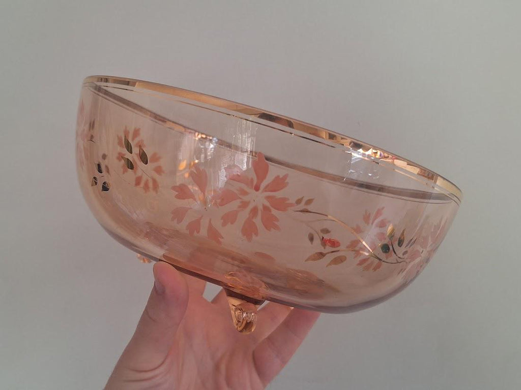 Vintage Pink Depression Glass Footed Salad Bowl Set with 6 Matching Dessert Bowls Floral Enamel Gold Gilt 7 Piece Serving Set