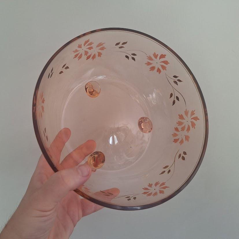 Vintage Pink Depression Glass Footed Salad Bowl Set with 6 Matching Dessert Bowls Floral Enamel Gold Gilt 7 Piece Serving Set