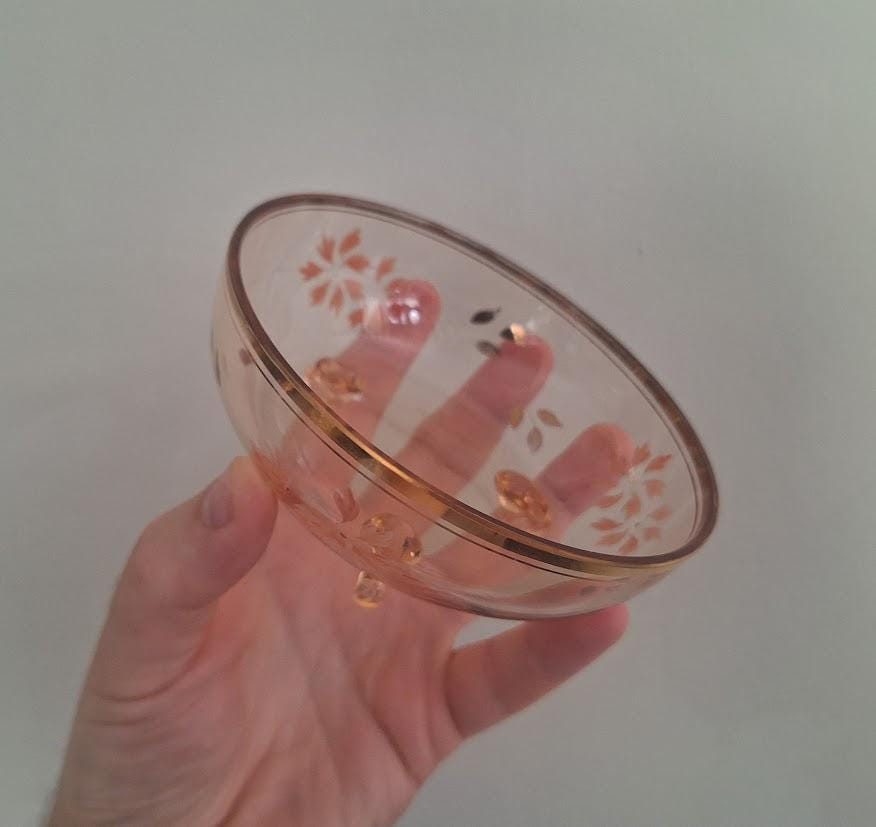 Vintage Pink Depression Glass Footed Salad Bowl Set with 6 Matching Dessert Bowls Floral Enamel Gold Gilt 7 Piece Serving Set