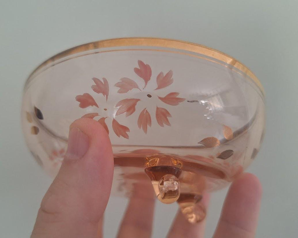 Vintage Pink Depression Glass Footed Salad Bowl Set with 6 Matching Dessert Bowls Floral Enamel Gold Gilt 7 Piece Serving Set