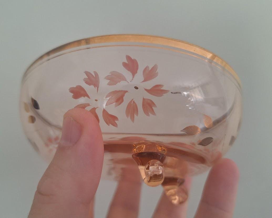 Vintage Pink Depression Glass Footed Salad Bowl Set with 6 Matching Dessert Bowls Floral Enamel Gold Gilt 7 Piece Serving Set