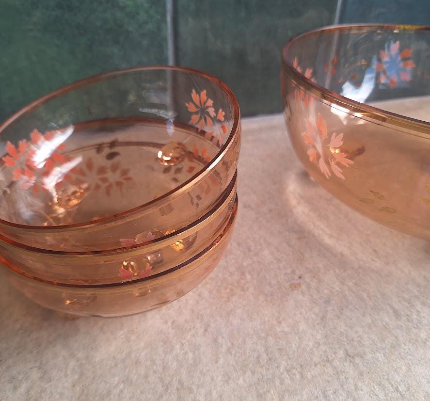 Vintage Pink Depression Glass Footed Salad Bowl Set with 6 Matching Dessert Bowls Floral Enamel Gold Gilt 7 Piece Serving Set