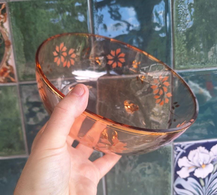 Vintage Pink Depression Glass Footed Salad Bowl Set with 6 Matching Dessert Bowls Floral Enamel Gold Gilt 7 Piece Serving Set