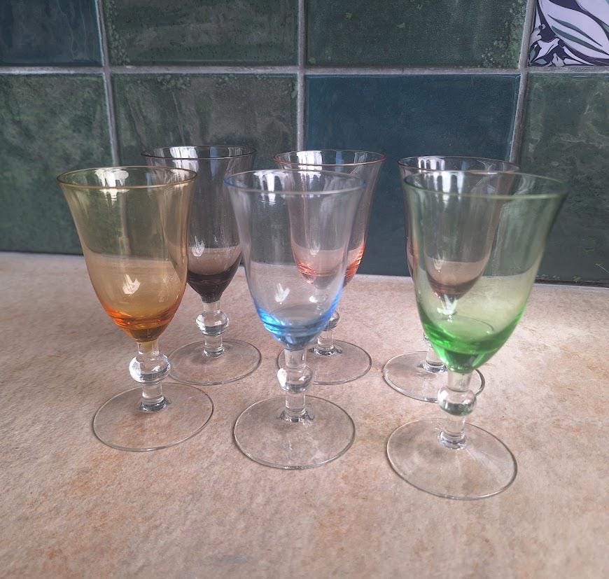Vintage Harlequin Liqueur Glasses Set of 6 Coloured Stemmed Cordial Shot Glasses Retro 1960s 1970s Barware