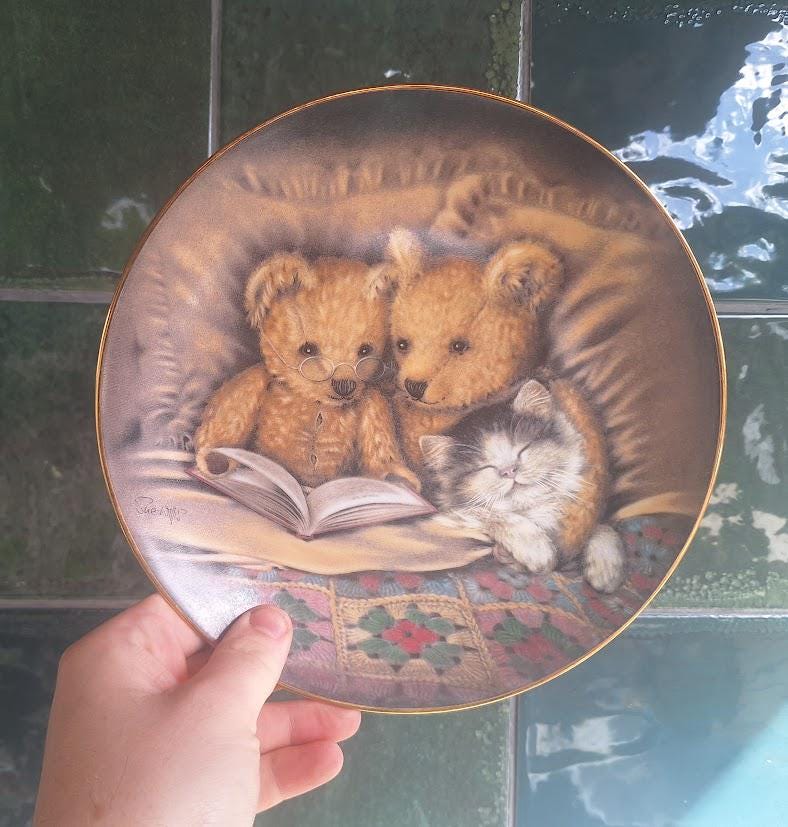Franklin Mint Bedtime Story Collector Plate: Teddy Bears, Kitten, Nursery Decor