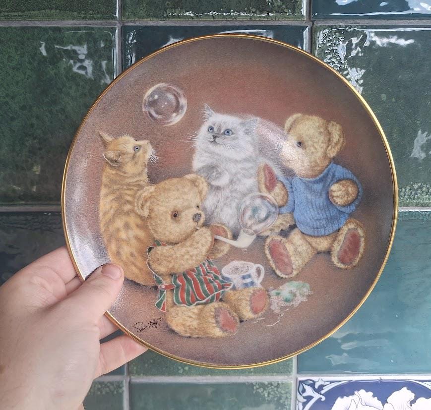 Vintage Franklin Mint Collector Plate: Bubble Buddies by Sue Willis, Teddy Bears & Cats