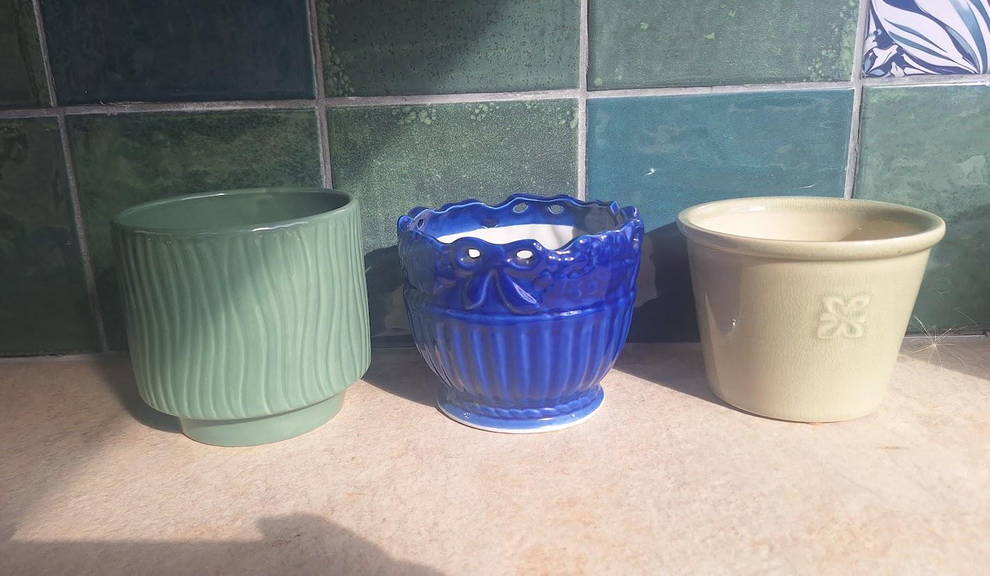 Set of 3 Vintage Ceramic Plant Pots Green Blue Cream Indoor Planters Retro Houseplant Pots Eclectic Home Decor