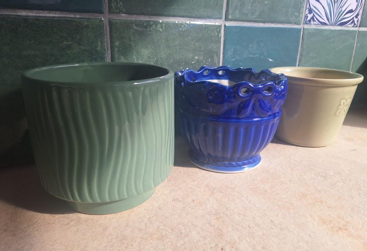 Set of 3 Vintage Ceramic Plant Pots Green Blue Cream Indoor Planters Retro Houseplant Pots Eclectic Home Decor